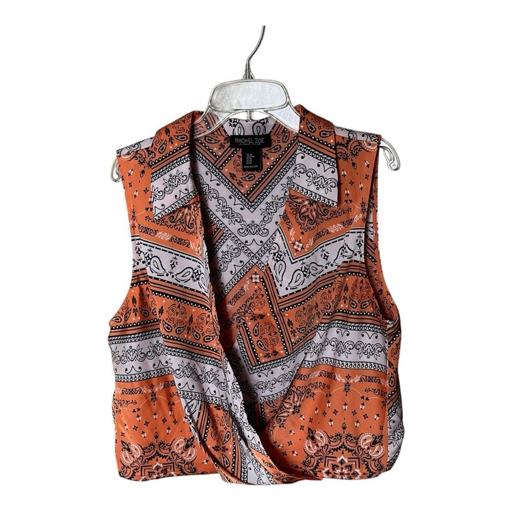 Rachel Zoe Orange/Black Paisley Faux Wrap Sleeveless Cropped Blouse Size Medium